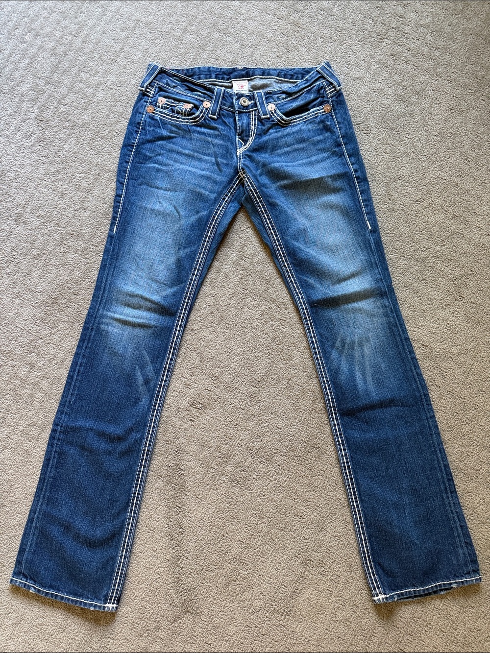 True Religion Indigo Blue Jeans with White Contrast Stitching